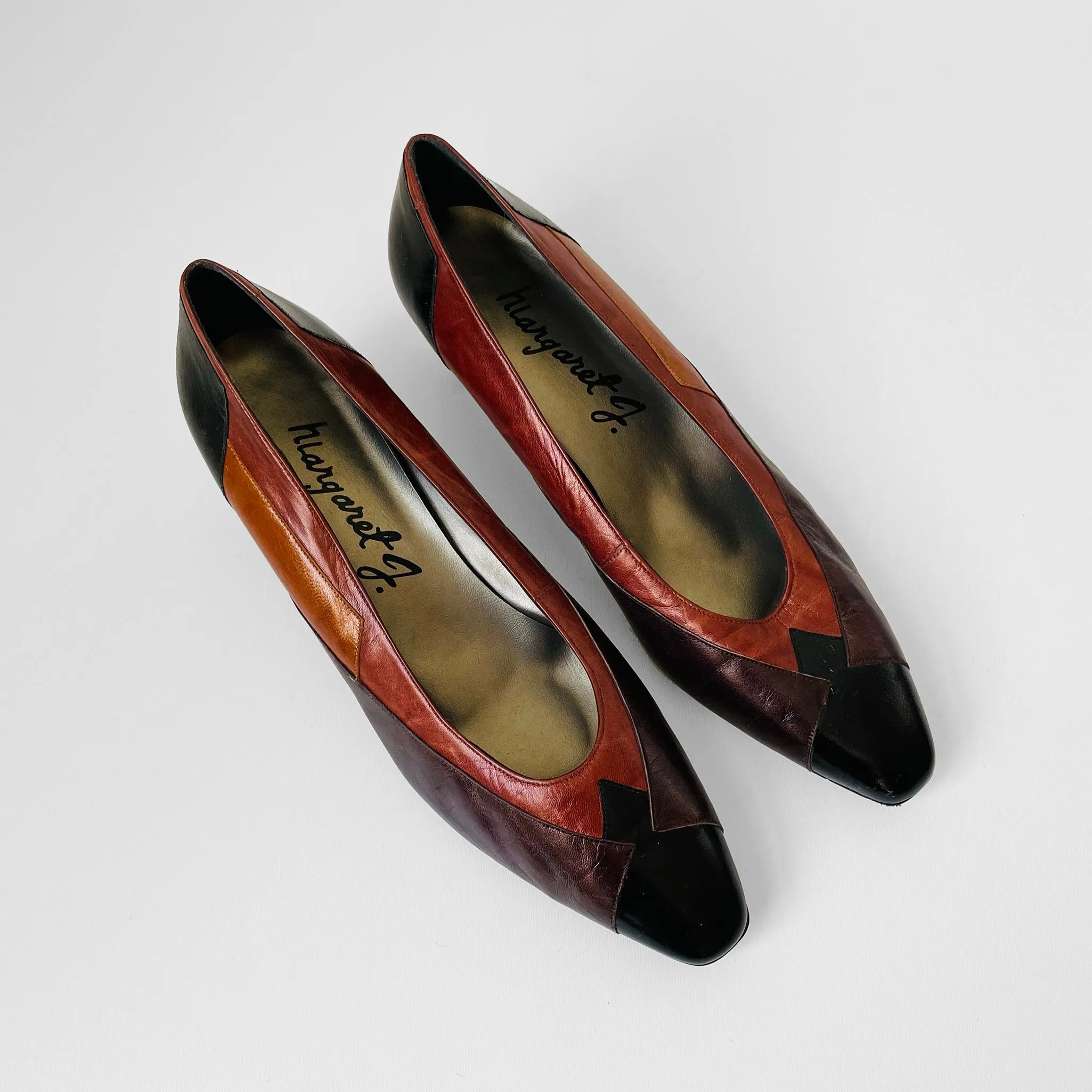 1980s Metallic Block-Colour Low-Heeled Slip-On Shoes - Sz. 10.5