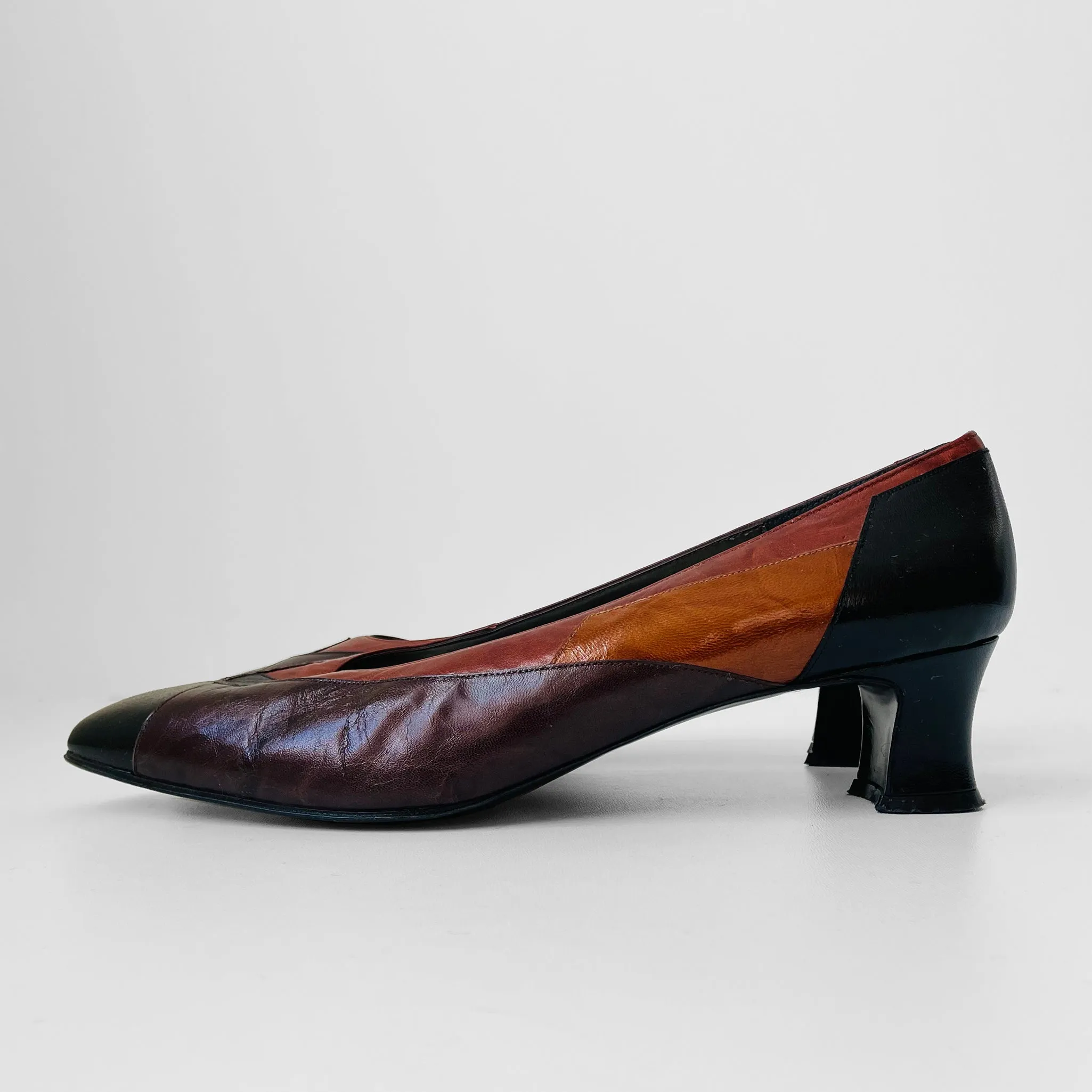 1980s Metallic Block-Colour Low-Heeled Slip-On Shoes - Sz. 10.5