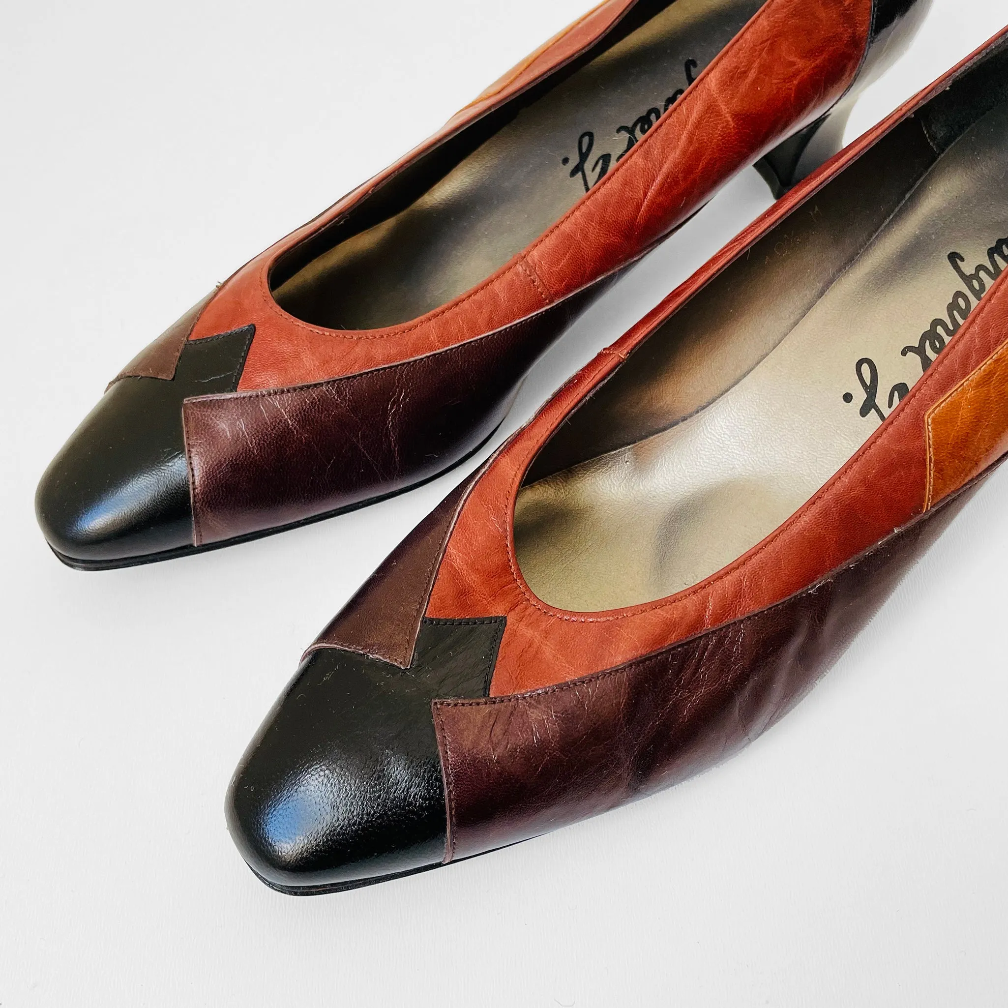 1980s Metallic Block-Colour Low-Heeled Slip-On Shoes - Sz. 10.5