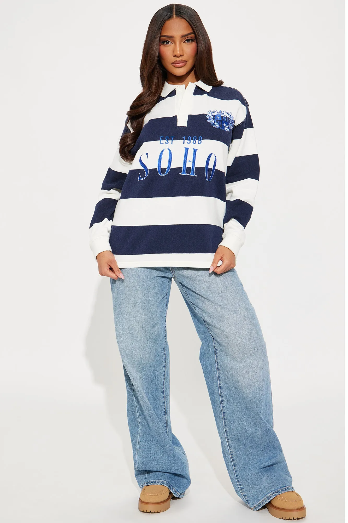 All Over The City Rugby Striped Polo - Navy/combo