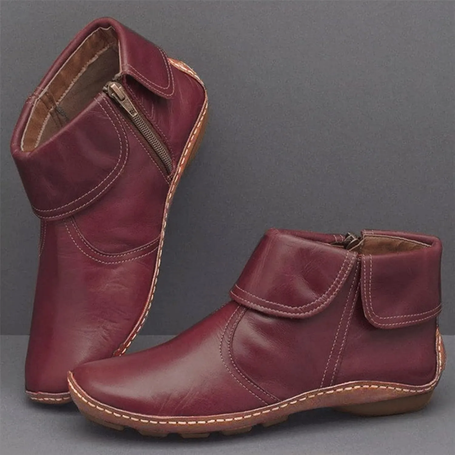 Ankle Booties for Women Side Zipper Vintage Leather Boots No Heel Arch Support Booties Flat Heel Casual Boots