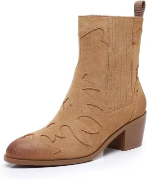 Boots for Women Chunky Heel Ankle Boots Cow Leather Suede Pointed Toe Side Zipper Short Boots Water Resistant Fashion Leather Boots