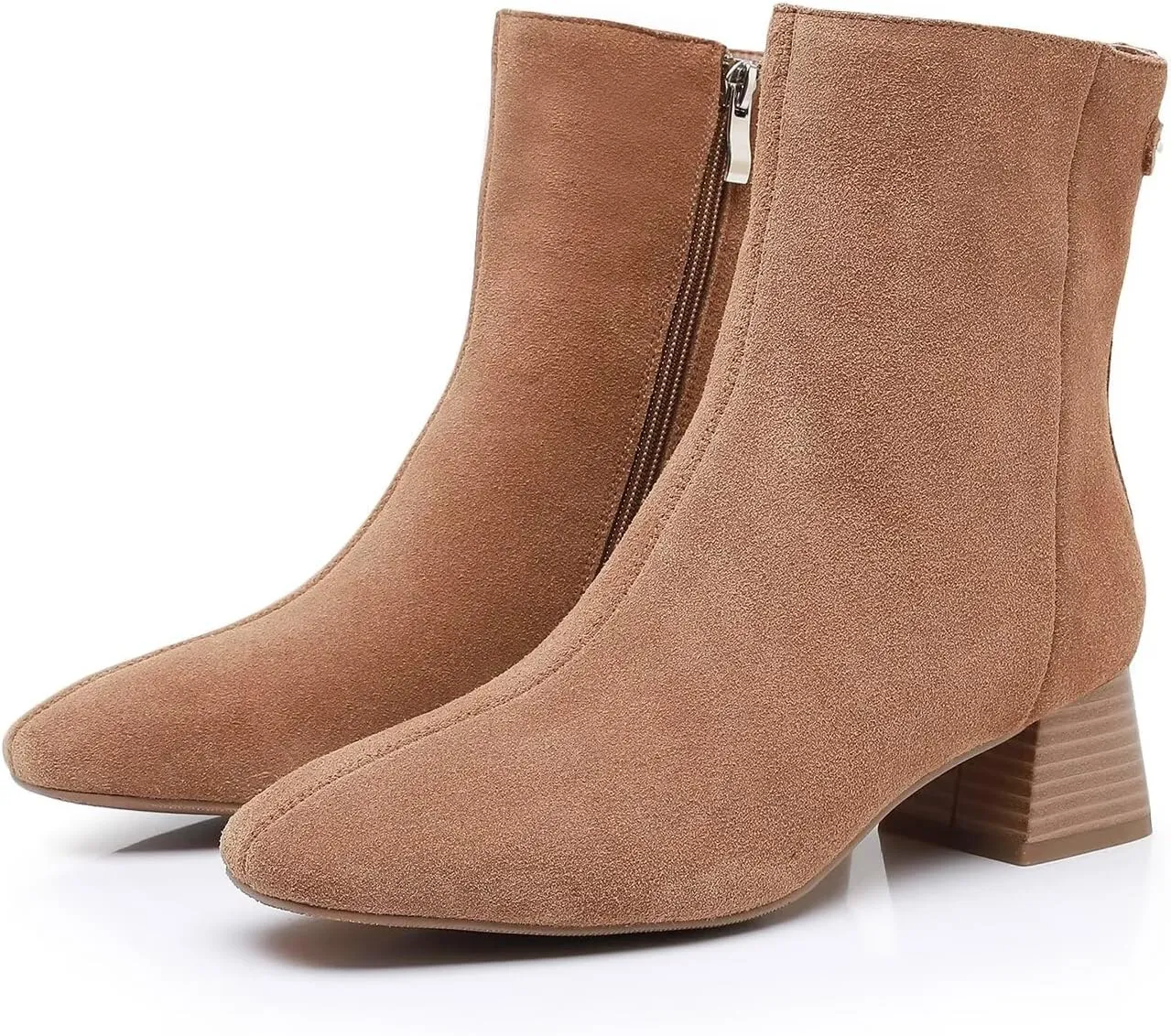 Boots for Women Chunky Heel Ankle Boots Cow Leather Suede Pointed Toe Side Zipper Short Boots Water Resistant Fashion Leather Boots