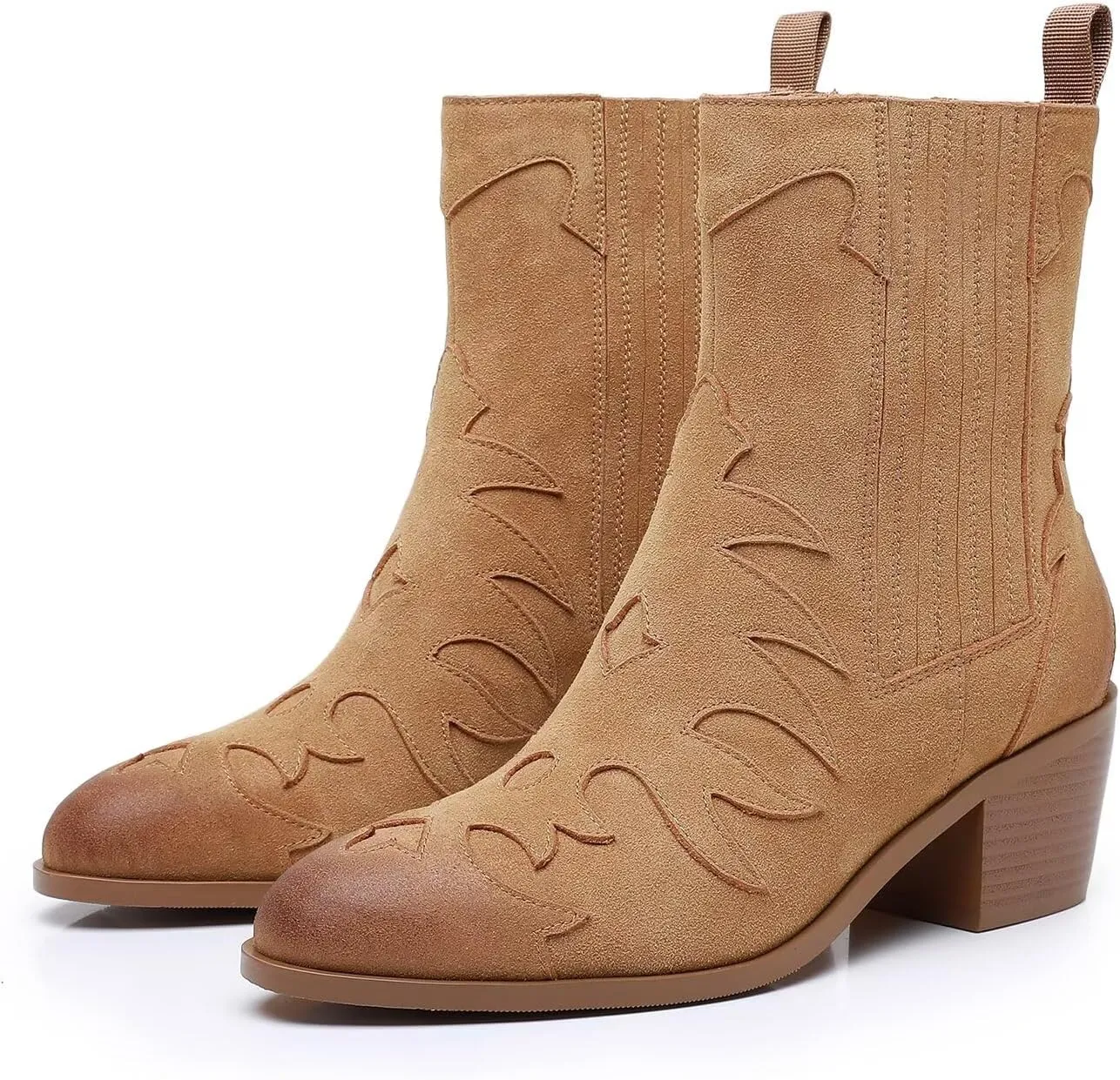 Boots for Women Chunky Heel Ankle Boots Cow Leather Suede Pointed Toe Side Zipper Short Boots Water Resistant Fashion Leather Boots