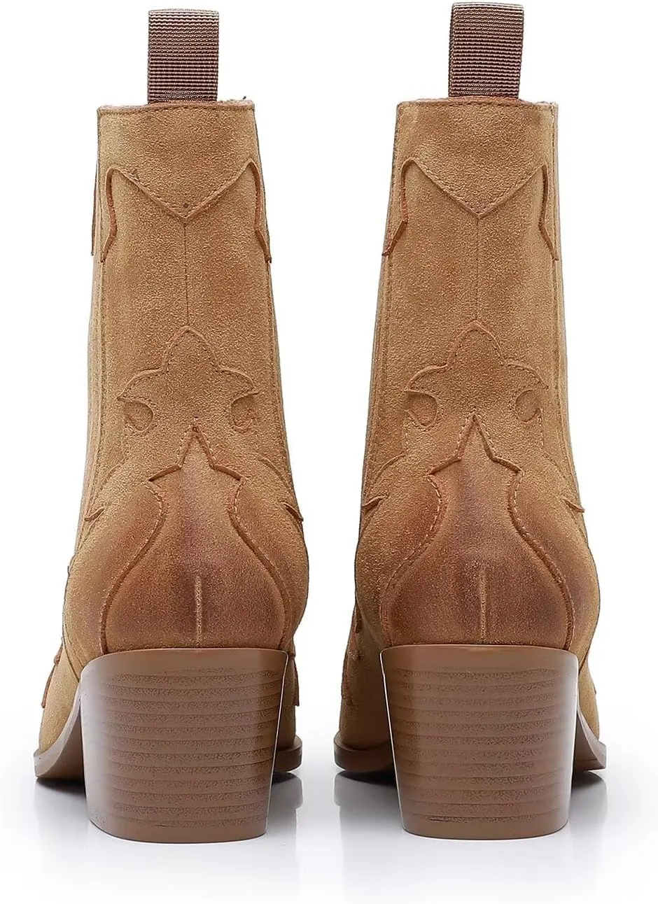 Boots for Women Chunky Heel Ankle Boots Cow Leather Suede Pointed Toe Side Zipper Short Boots Water Resistant Fashion Leather Boots