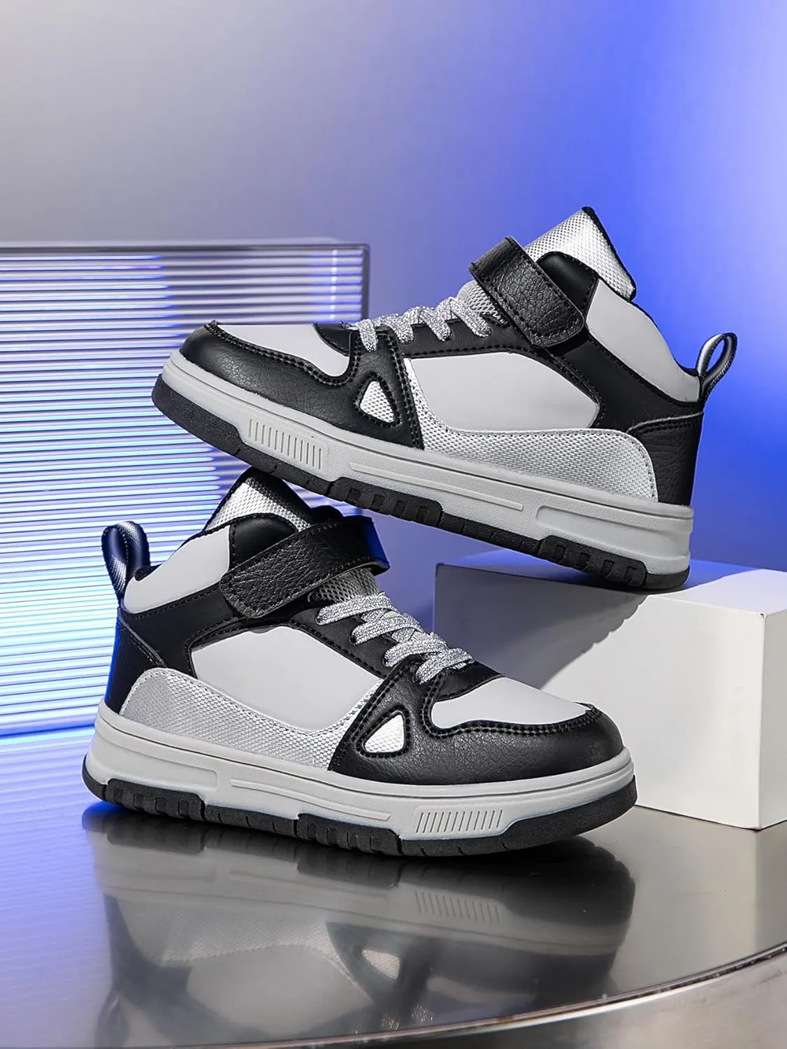 Boys Girls Outdoor Sports Board Shoes with Leather Upper, Breathable and Comfortable with Soft Padded Neck, Fashionable Retro Street Style, Basketball Shoes Suitable for All Seasons
