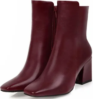 Caradise Womens High Chunky Heeled Boots Zip Up Square Toe Ankle Booties