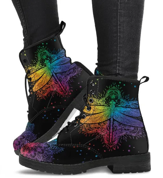 Combat Boots for Women - Colorful Mandala Dragonfly, Cute Aesthetic Winter Custom Shoes, 90s Boots, Vegan Leather