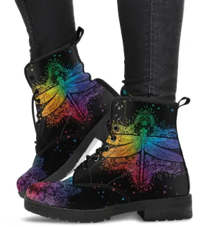 Combat Boots for Women - Colorful Mandala Dragonfly, Cute Aesthetic Winter Custom Shoes, 90s Boots, Vegan Leather