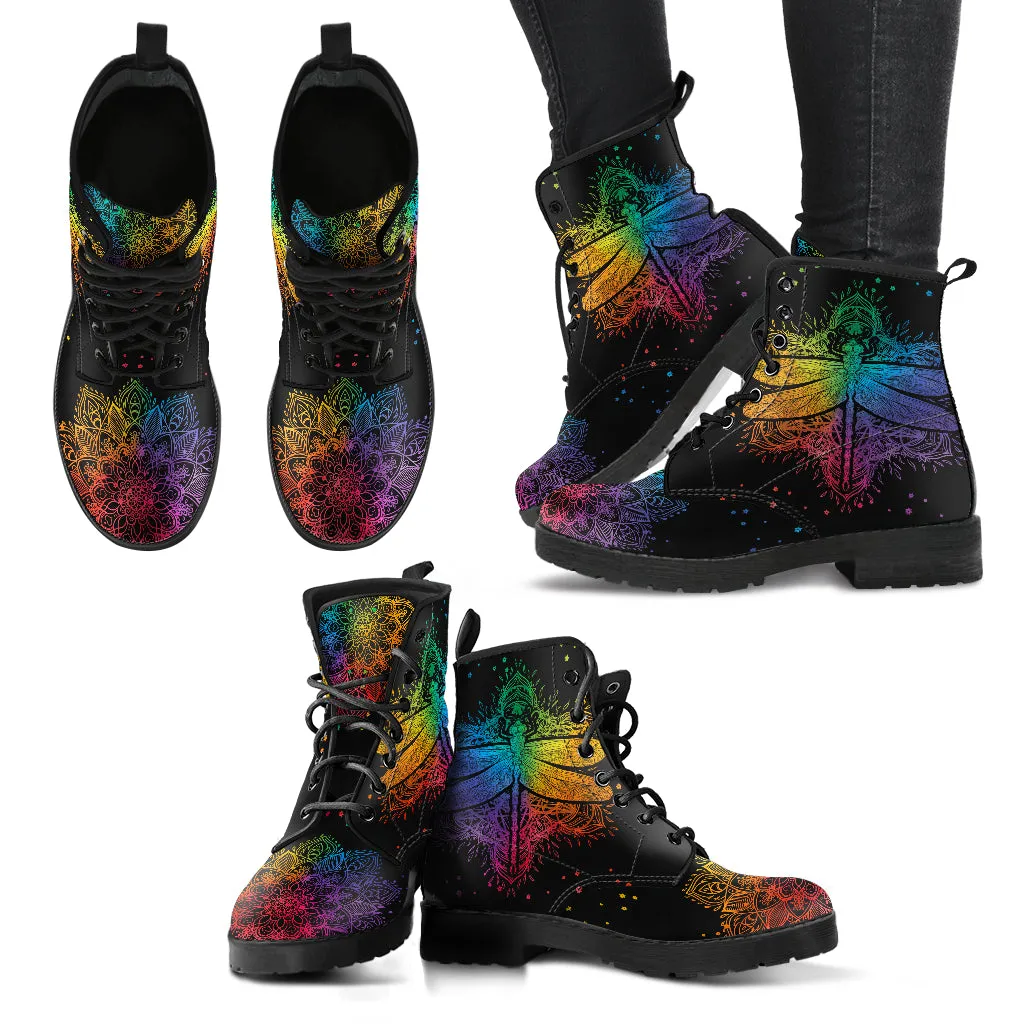 Combat Boots for Women - Colorful Mandala Dragonfly, Cute Aesthetic Winter Custom Shoes, 90s Boots, Vegan Leather