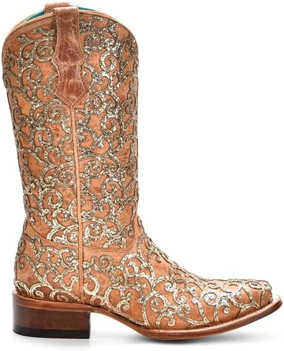 CORRAL TEEN'S STRAW GLITTER INLAY & EMBROIDERY SQ. TOE, LEATHER SOLE, COWHIDE LEATHER, WESTERN BOOTS, T0179