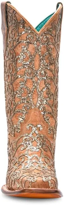 CORRAL TEEN'S STRAW GLITTER INLAY & EMBROIDERY SQ. TOE, LEATHER SOLE, COWHIDE LEATHER, WESTERN BOOTS, T0179