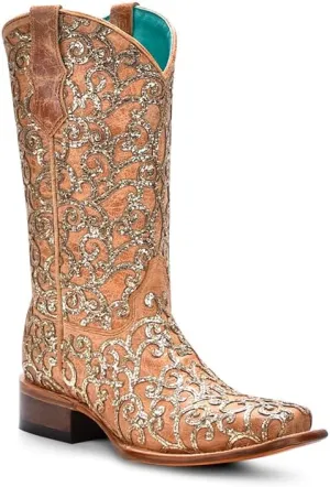 CORRAL TEEN'S STRAW GLITTER INLAY & EMBROIDERY SQ. TOE, LEATHER SOLE, COWHIDE LEATHER, WESTERN BOOTS, T0179