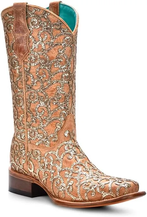 CORRAL TEEN'S STRAW GLITTER INLAY & EMBROIDERY SQ. TOE, LEATHER SOLE, COWHIDE LEATHER, WESTERN BOOTS, T0179