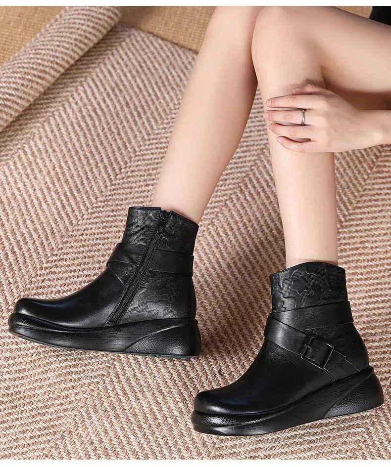 Cowhide Warm Comfort Wedges Boots