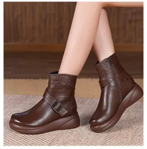 Cowhide Warm Comfort Wedges Boots