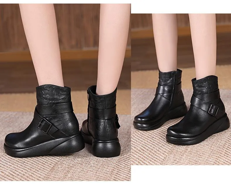 Cowhide Warm Comfort Wedges Boots