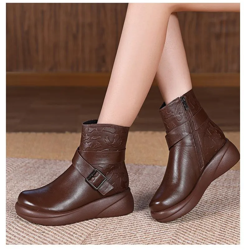 Cowhide Warm Comfort Wedges Boots