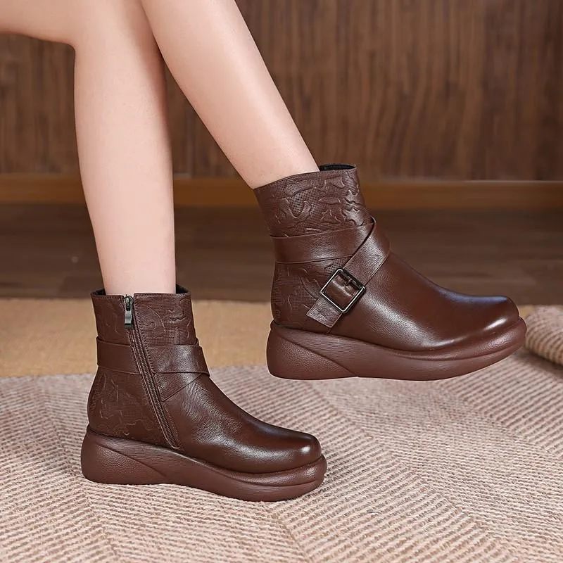 Cowhide Warm Comfort Wedges Boots