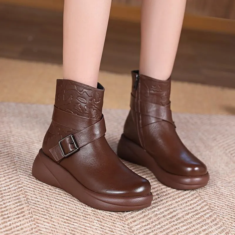 Cowhide Warm Comfort Wedges Boots