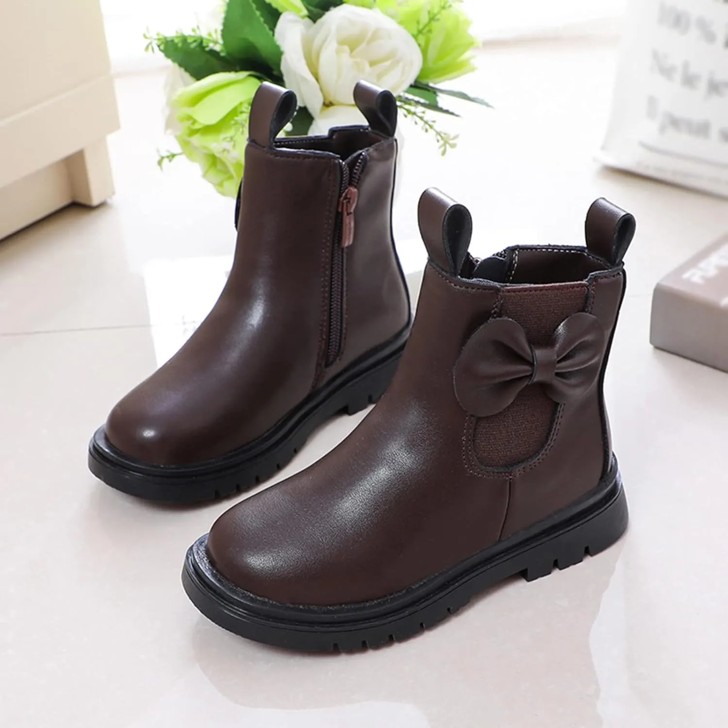 EnJoCho Little Boys Indoor Boots Girls Leather Boots Shoes Waterproof Leather Short Boots Non Slip Breathable Nude Boots