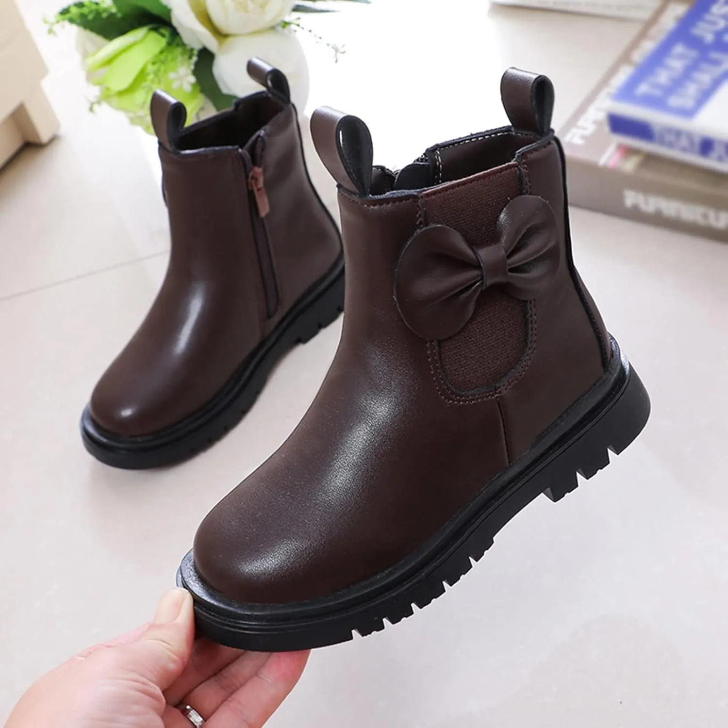 EnJoCho Little Boys Indoor Boots Girls Leather Boots Shoes Waterproof Leather Short Boots Non Slip Breathable Nude Boots