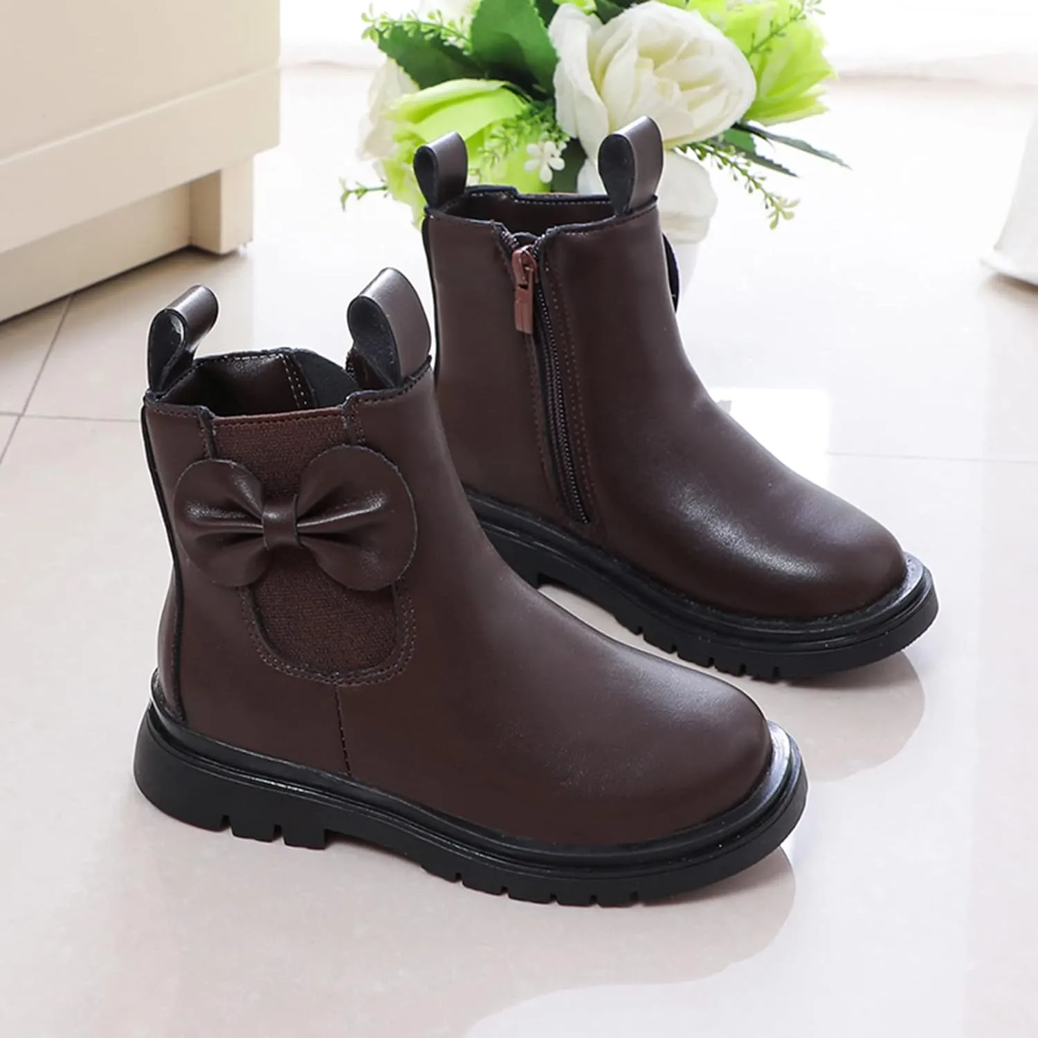 EnJoCho Little Boys Indoor Boots Girls Leather Boots Shoes Waterproof Leather Short Boots Non Slip Breathable Nude Boots