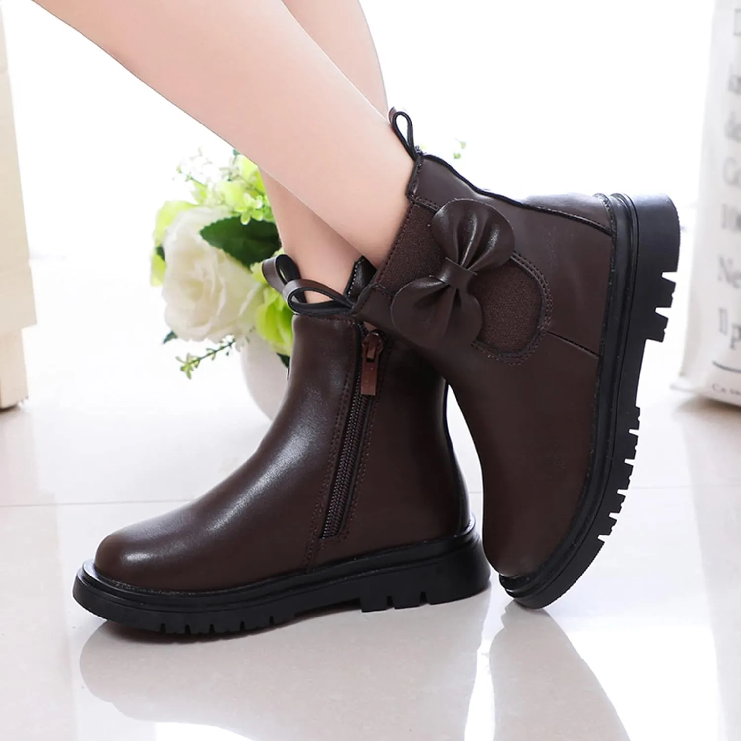 EnJoCho Little Boys Indoor Boots Girls Leather Boots Shoes Waterproof Leather Short Boots Non Slip Breathable Nude Boots