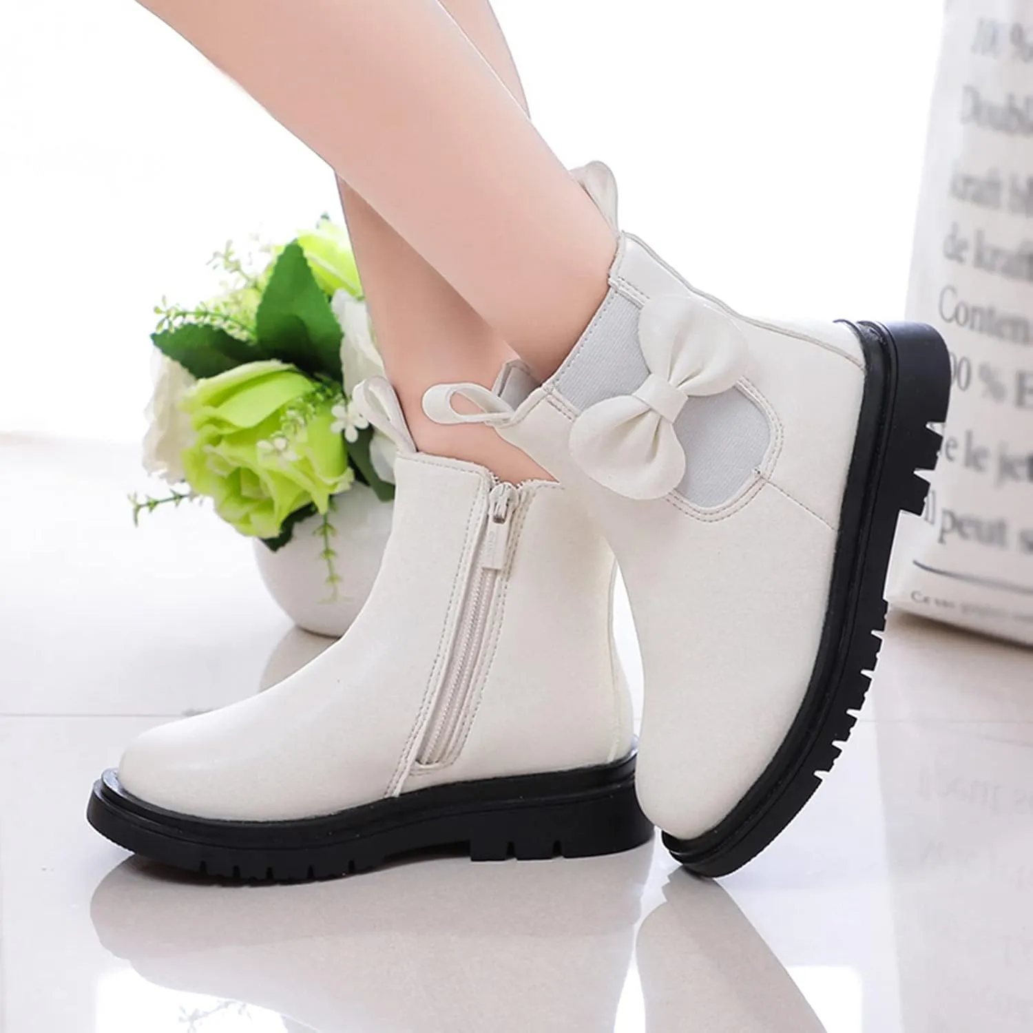 EnJoCho Little Boys Indoor Boots Girls Leather Boots Shoes Waterproof Leather Short Boots Non Slip Breathable Nude Boots