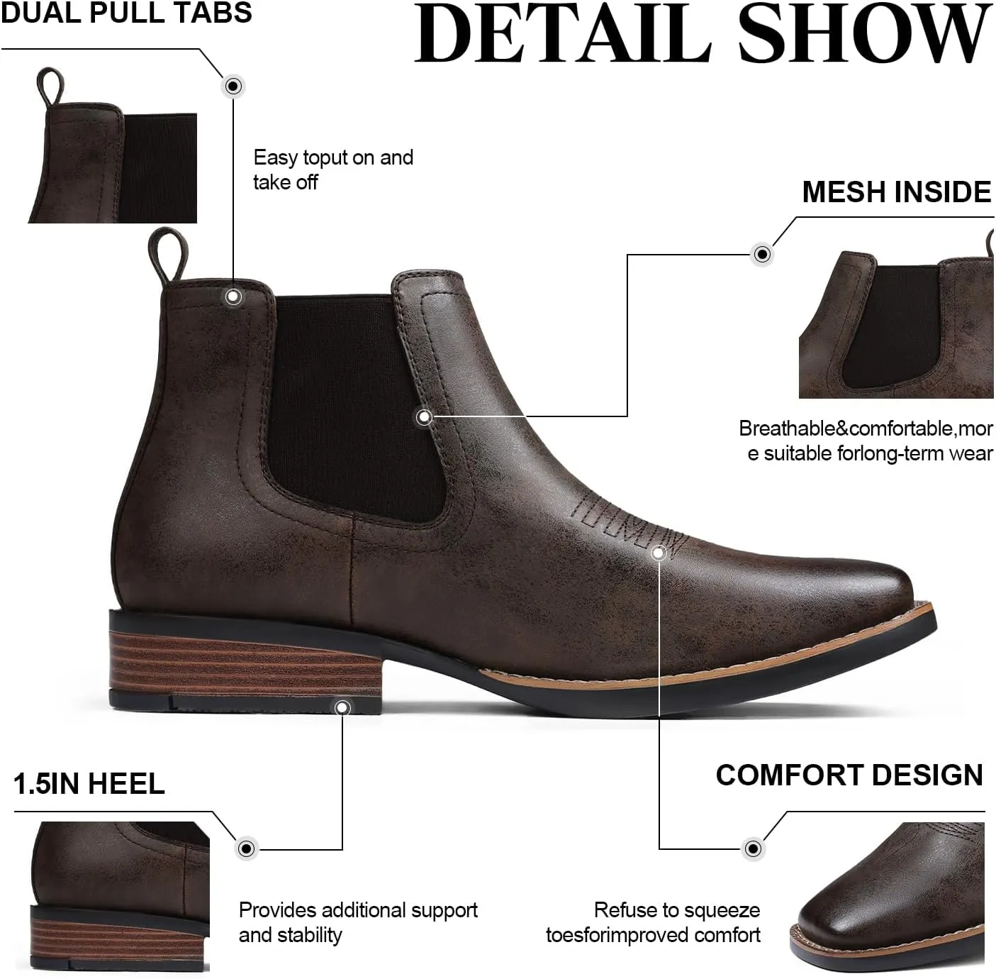 femflame Cowboy Boots for Men Square Toe Chelsea Boots Waterproof Classic Elastic Slip on Chukka Ankle Boots Casual??