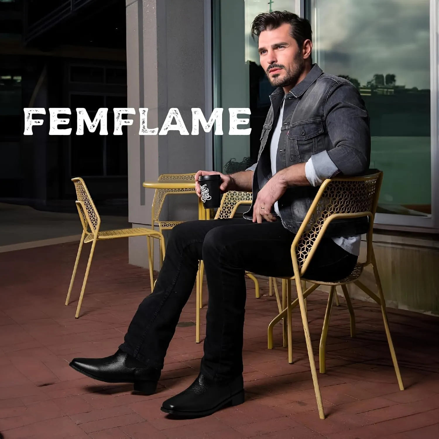 femflame Cowboy Boots for Men Square Toe Chelsea Boots Waterproof Classic Elastic Slip on Chukka Ankle Boots Casual??