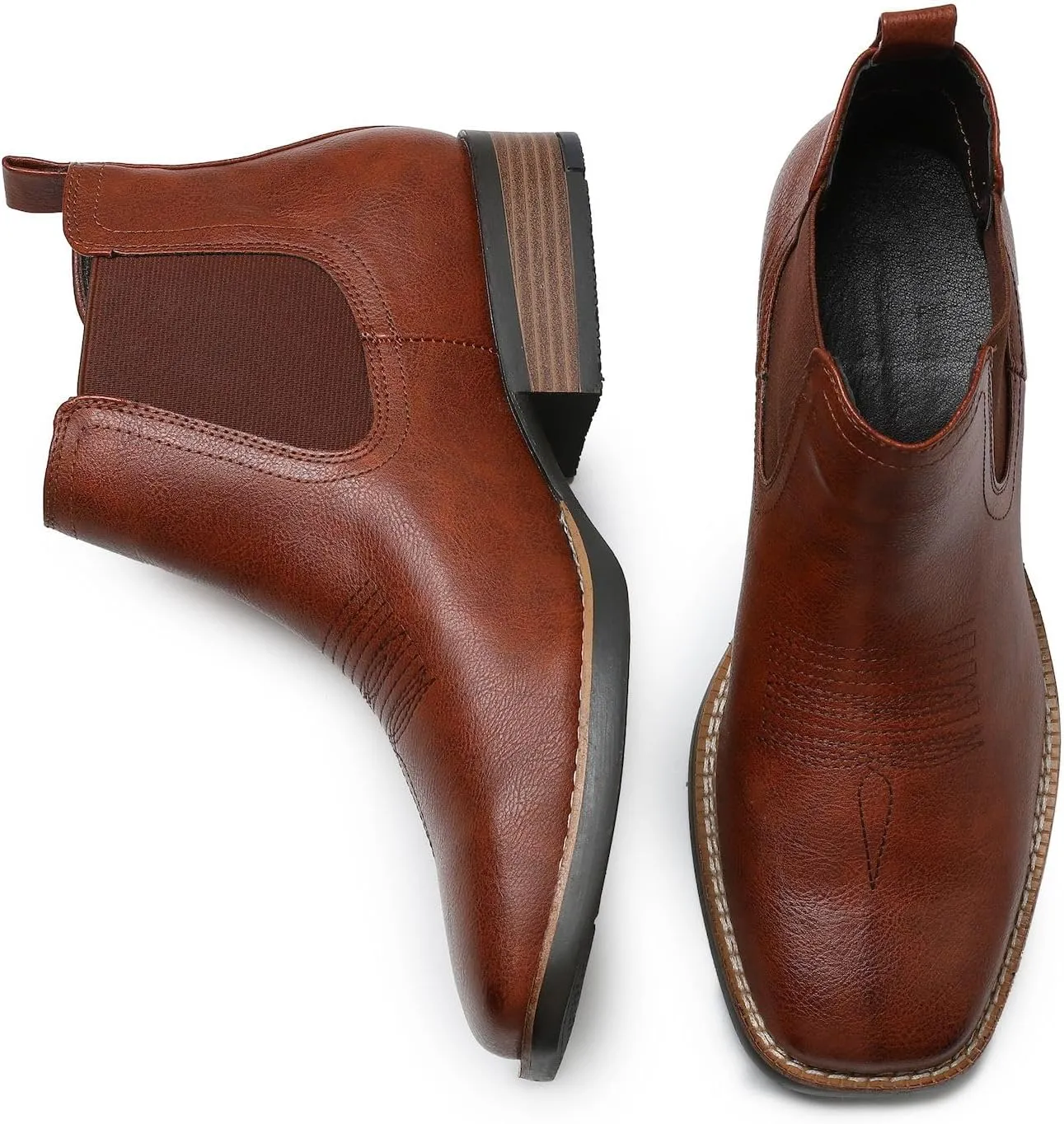 femflame Cowboy Boots for Men Square Toe Chelsea Boots Waterproof Classic Elastic Slip on Chukka Ankle Boots Casual??