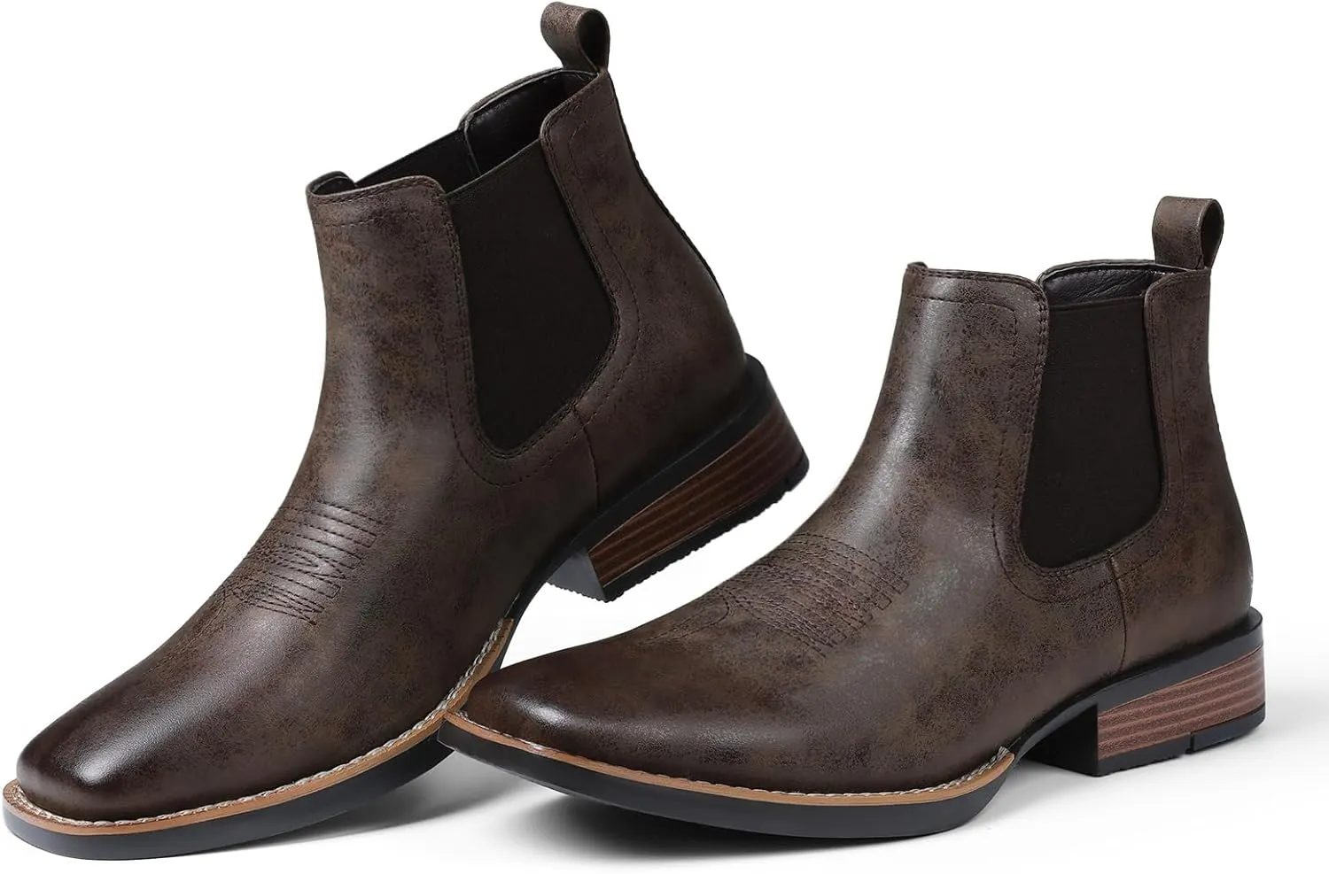 femflame Cowboy Boots for Men Square Toe Chelsea Boots Waterproof Classic Elastic Slip on Chukka Ankle Boots Casual??