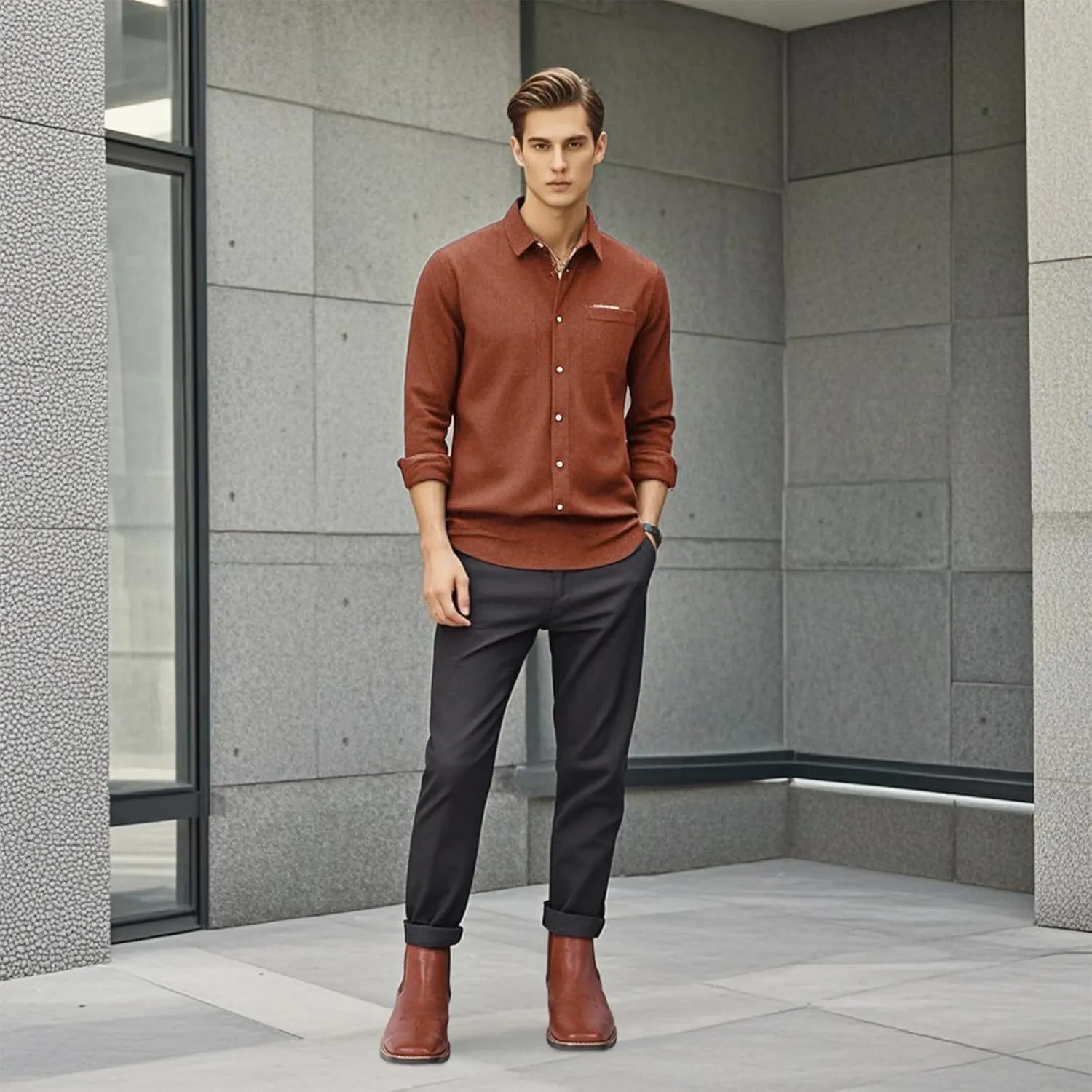 femflame Cowboy Boots for Men Square Toe Chelsea Boots Waterproof Classic Elastic Slip on Chukka Ankle Boots Casual??