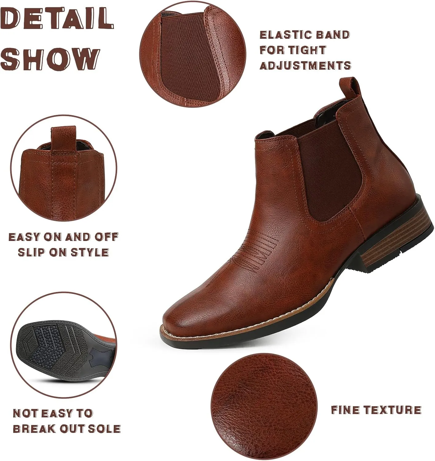 femflame Cowboy Boots for Men Square Toe Chelsea Boots Waterproof Classic Elastic Slip on Chukka Ankle Boots Casual??