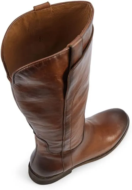 Frye Paige Tall Riding Boots for Women Made from Antiqued Italian Leather with Overlapping Front Panels, Stacked Leather Heel, and Leather Outsole ?C 16?? Shaft Height
