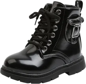 Girls Ankle Boots, Girls Leather Shoes Waterproof Leather Lace Up Short Boots Non Slip Breathable Snow Boots (A, 18-24 Months)