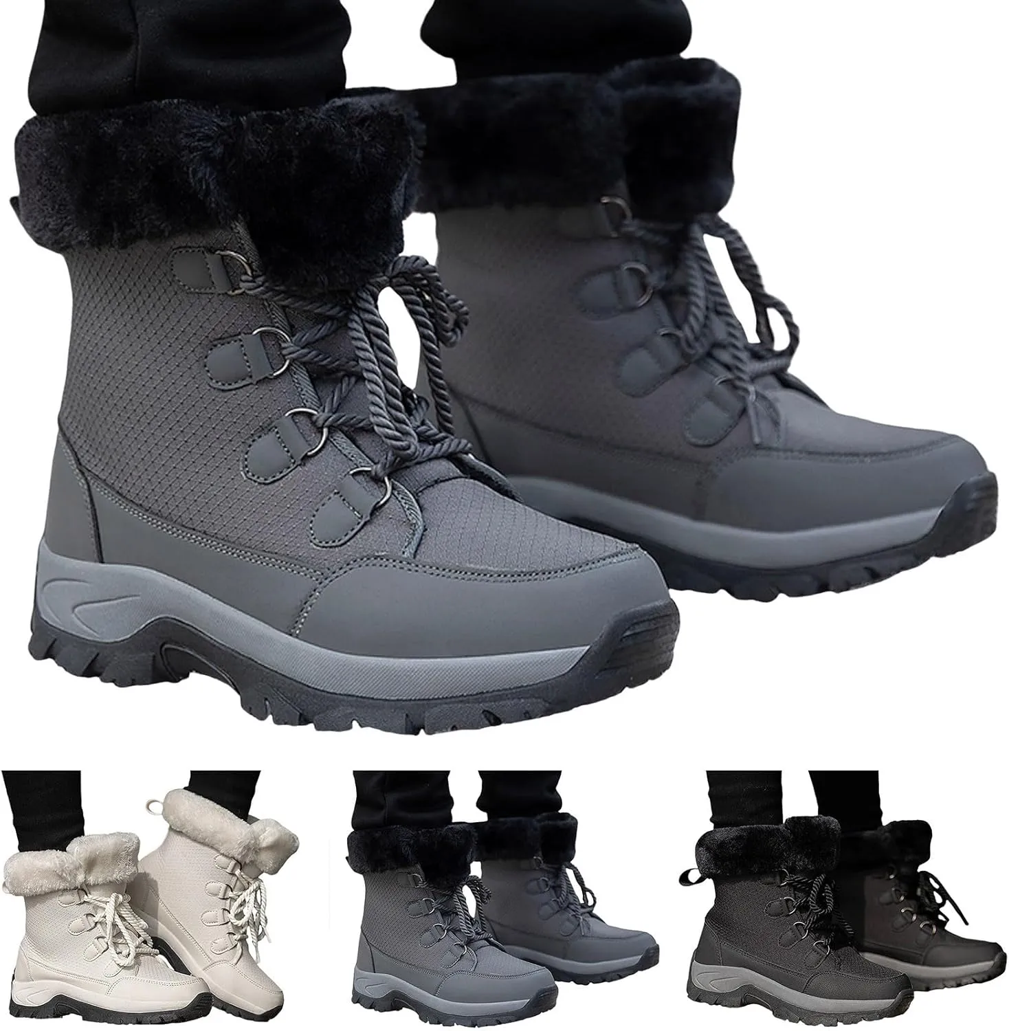 Hiking Boots for Women Waterproof Insulated Fur Boots Insulated Lace to Toe Boots Outdoor Fur Lined Short Ankle Booties