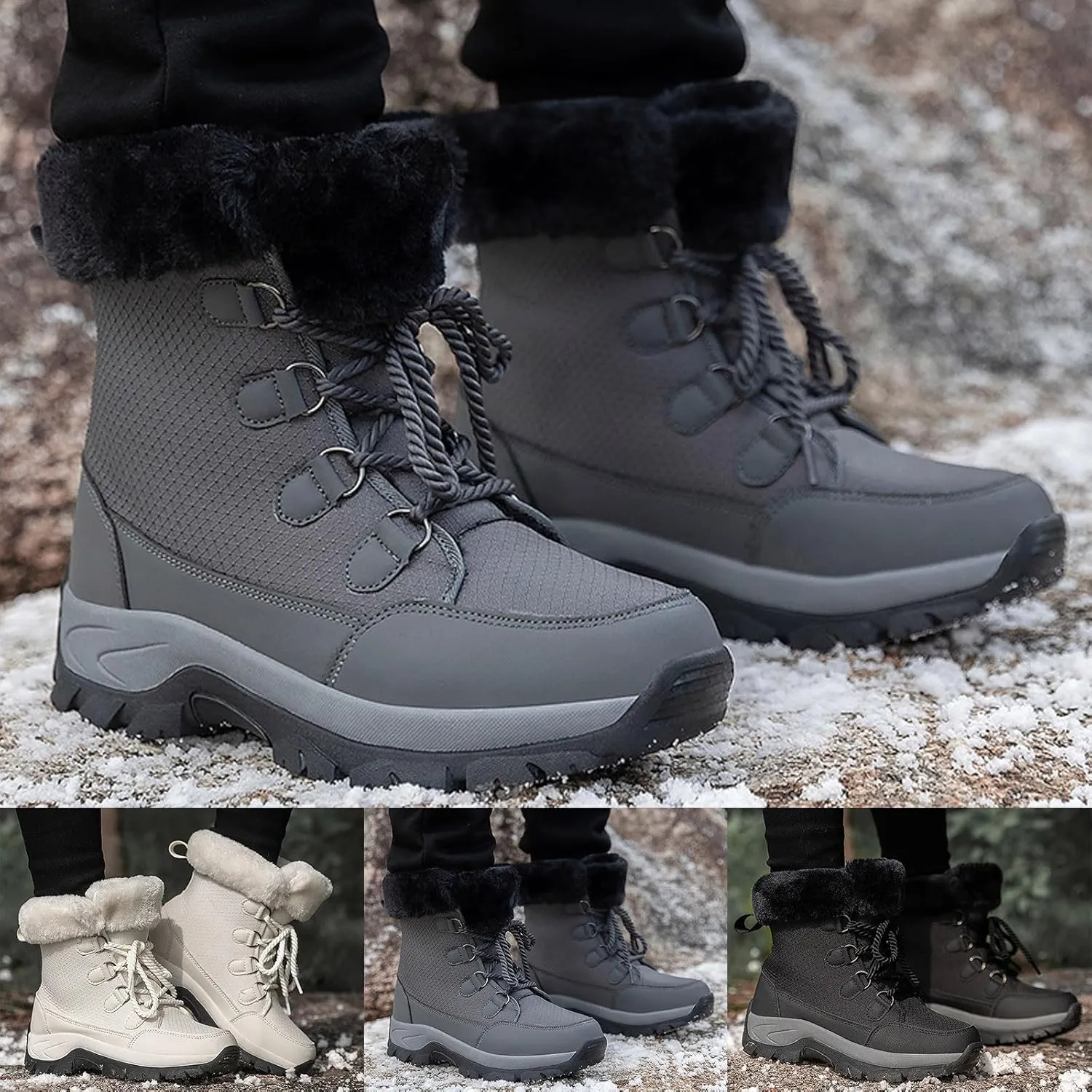 Hiking Boots for Women Waterproof Insulated Fur Boots Insulated Lace to Toe Boots Outdoor Fur Lined Short Ankle Booties