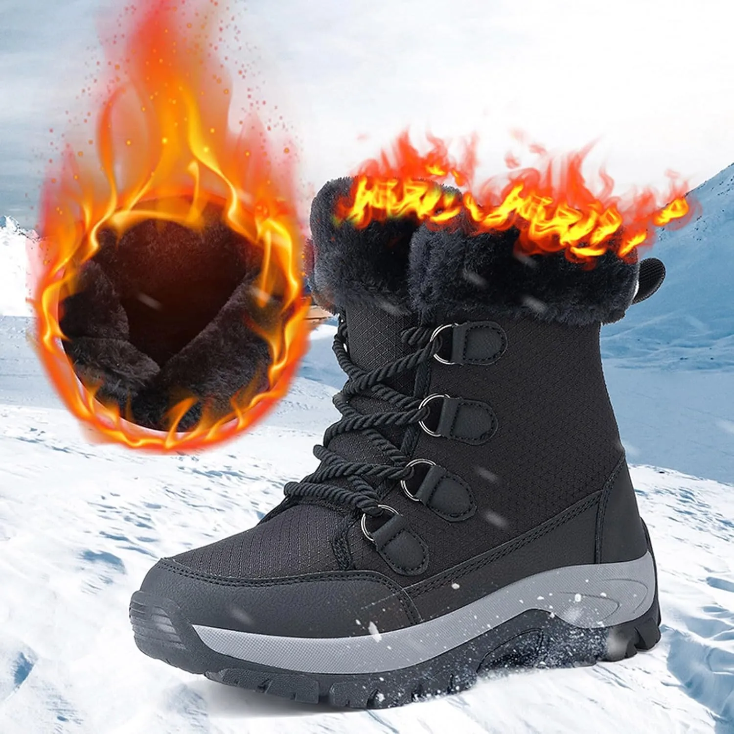 Hiking Boots for Women Waterproof Insulated Fur Boots Insulated Lace to Toe Boots Outdoor Fur Lined Short Ankle Booties