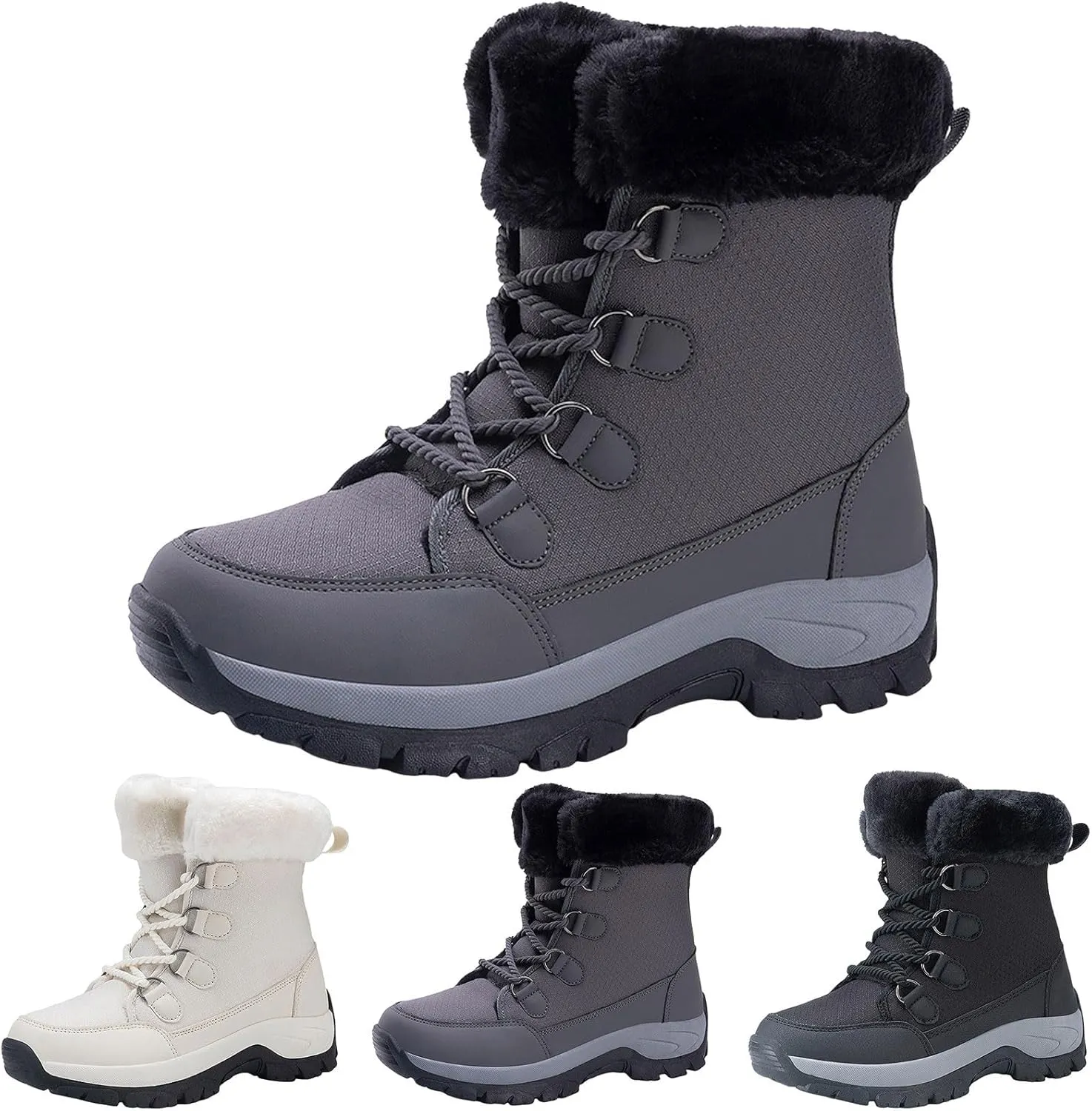 Hiking Boots for Women Waterproof Insulated Fur Boots Insulated Lace to Toe Boots Outdoor Fur Lined Short Ankle Booties