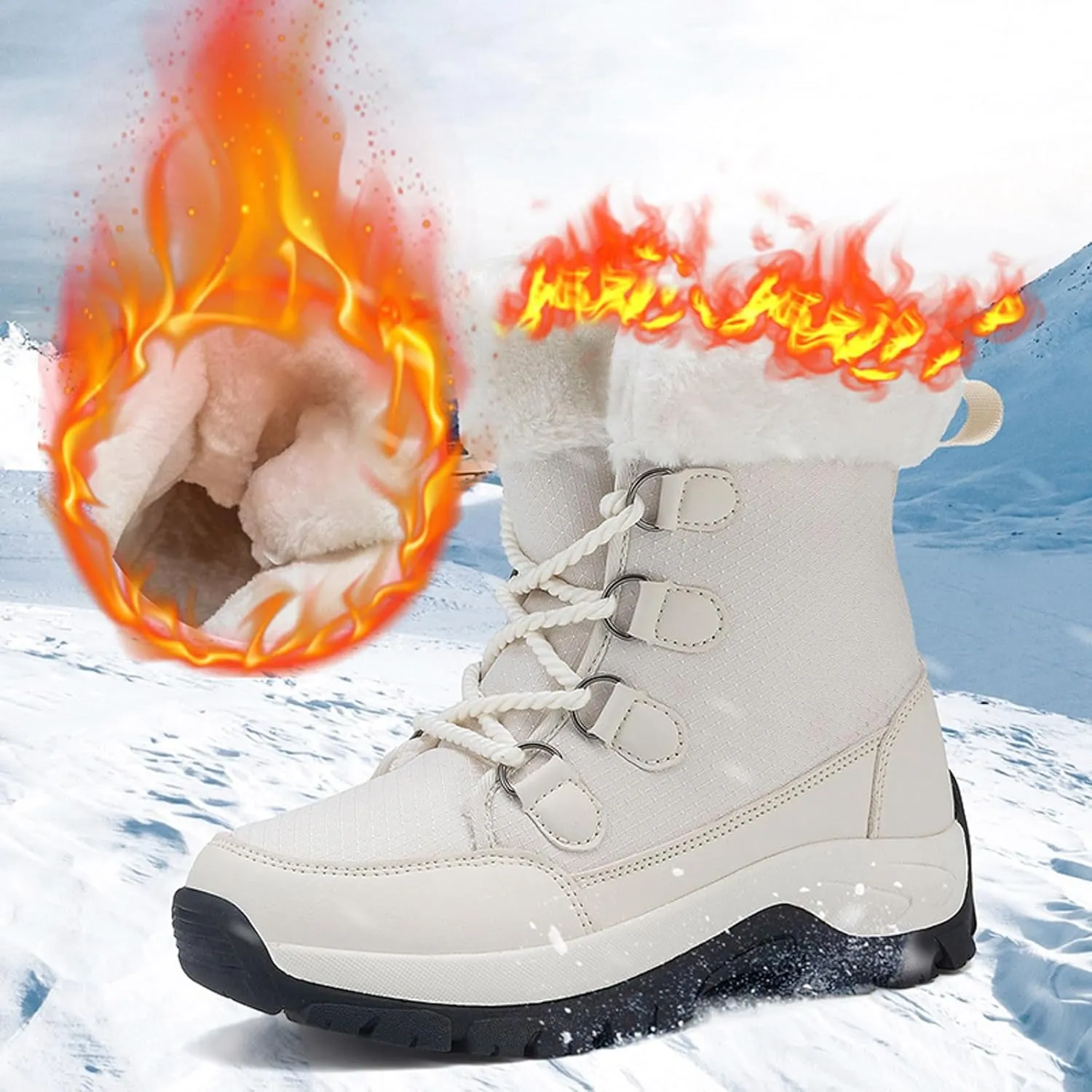 Hiking Boots for Women Waterproof Insulated Fur Boots Insulated Lace to Toe Boots Outdoor Fur Lined Short Ankle Booties