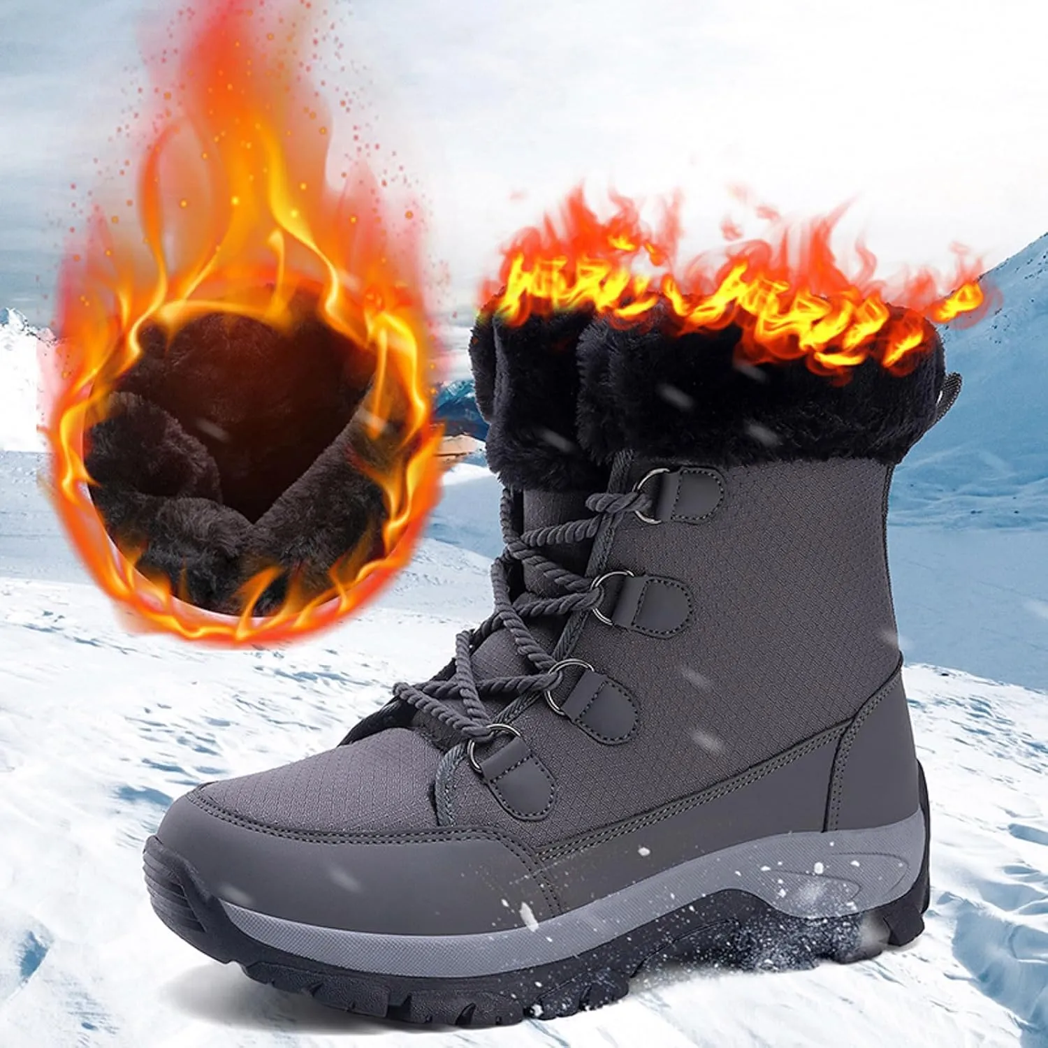 Hiking Boots for Women Waterproof Insulated Fur Boots Insulated Lace to Toe Boots Outdoor Fur Lined Short Ankle Booties