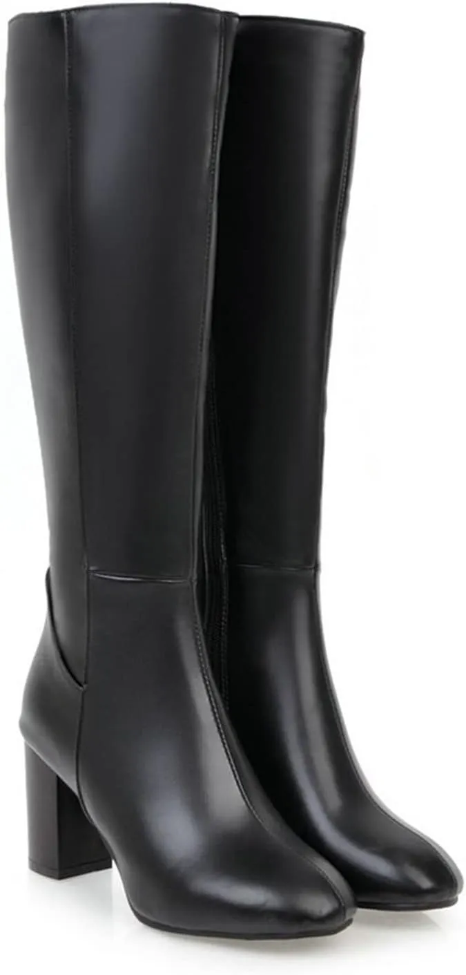 hlysgo Women's Vintage Fashion Long Boots Waterproof Full Zipper High Heeled Knee High Leather Boots
