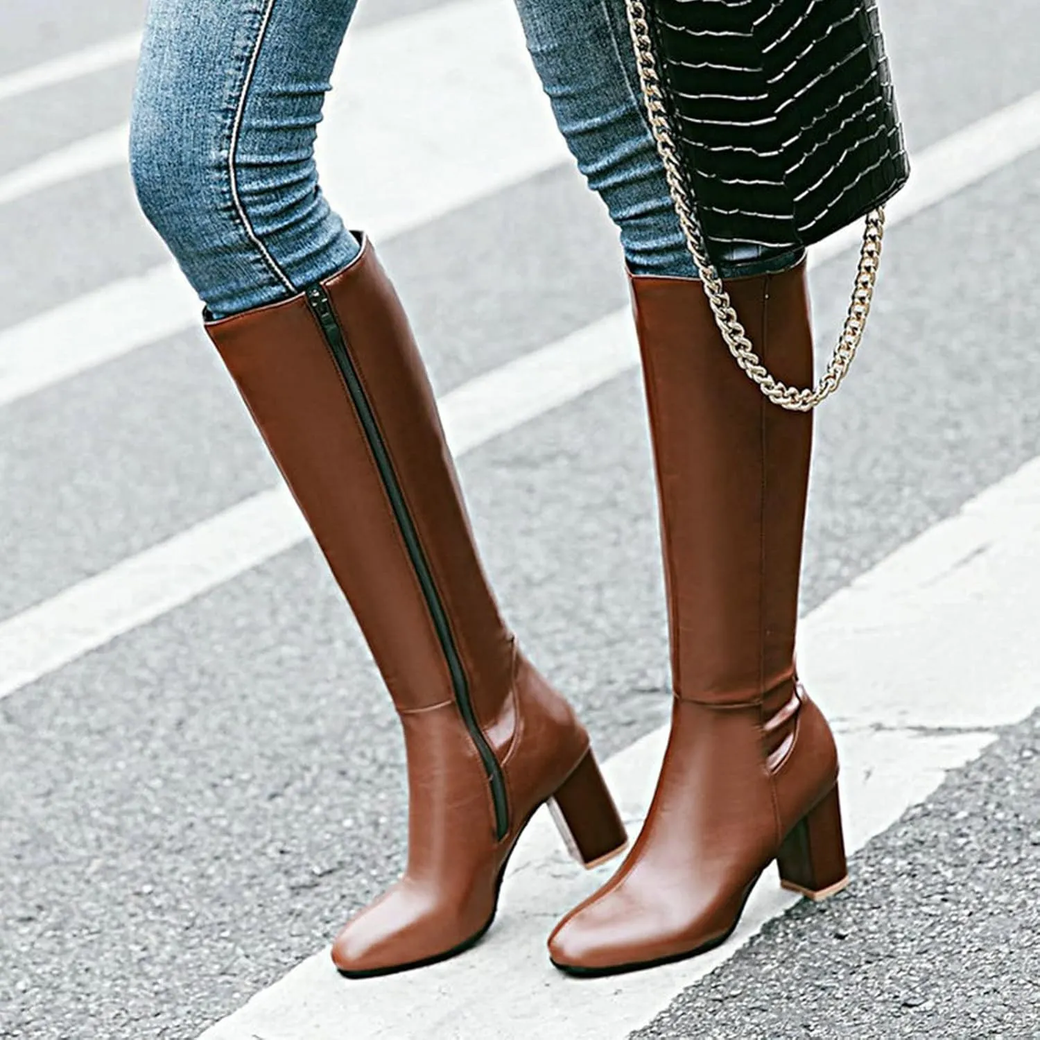 hlysgo Women's Vintage Fashion Long Boots Waterproof Full Zipper High Heeled Knee High Leather Boots