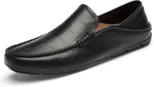 HOOENG Shoes Smoking Loafer for Men Stitching Details Genuine Leather Breathable Embossed Option Comfortable Flat Heel Soft Flexible Resistant Casual (Color : Black Square Embossed, Size : 7.5)