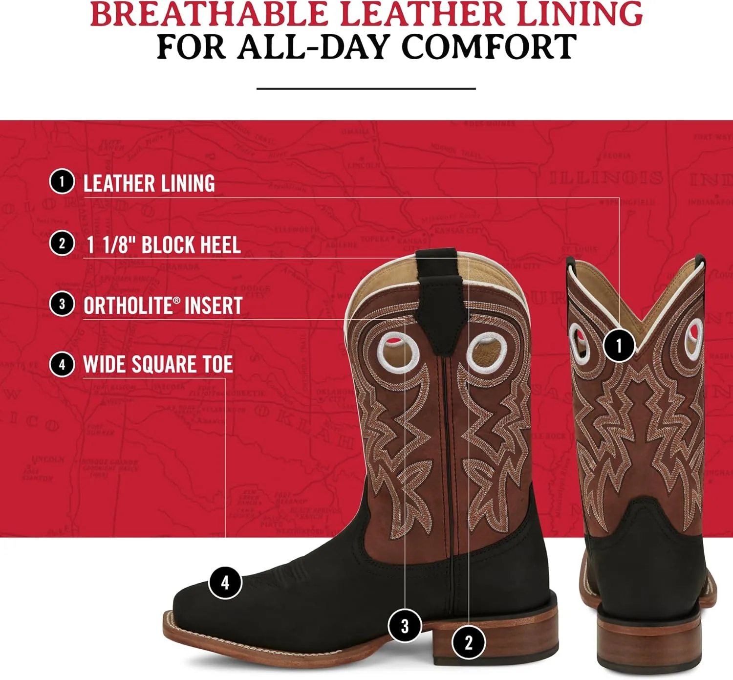Justin Big News 11 Western Boots for Men - Frontier Collection - Square Toe Leather Mens Cowboy Boots with Comfort Footbed & Heeled Leather Outsole