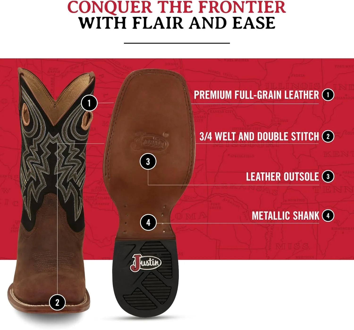 Justin Big News 11 Western Boots for Men - Frontier Collection - Square Toe Leather Mens Cowboy Boots with Comfort Footbed & Heeled Leather Outsole