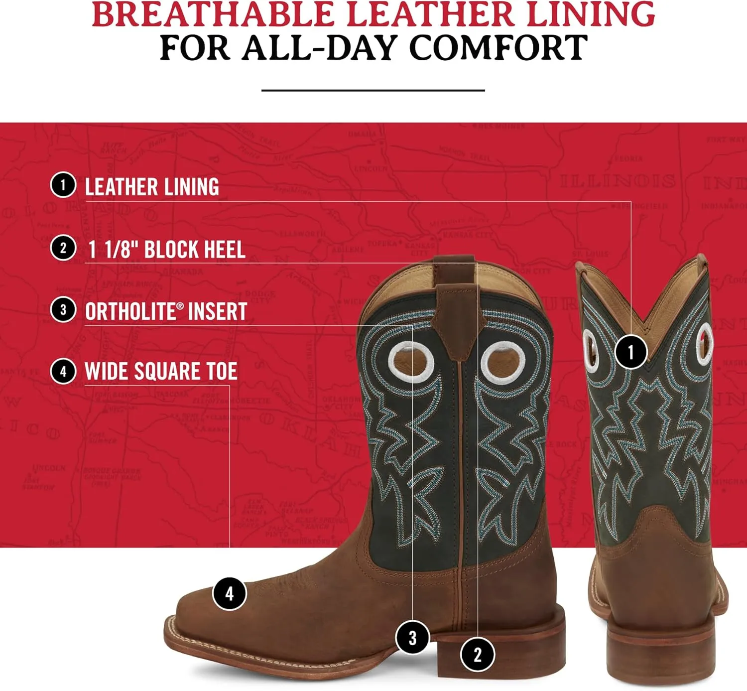 Justin Big News 11 Western Boots for Men - Frontier Collection - Square Toe Leather Mens Cowboy Boots with Comfort Footbed & Heeled Leather Outsole