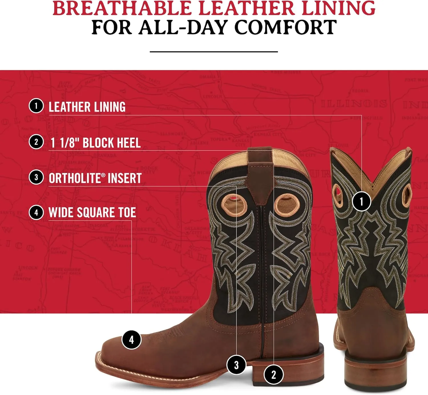 Justin Big News 11 Western Boots for Men - Frontier Collection - Square Toe Leather Mens Cowboy Boots with Comfort Footbed & Heeled Leather Outsole